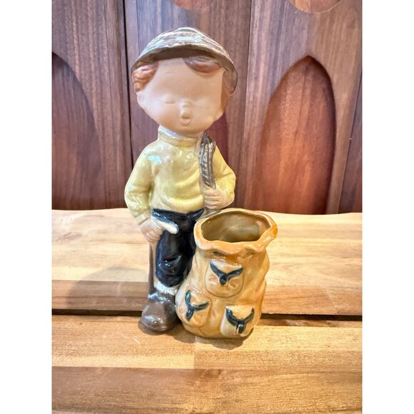 Vintage HANKYU Japan GLAZED Terracotta “GOLF CADDY BOY” Planter Kitschy Figurine - Picture 1 of 7